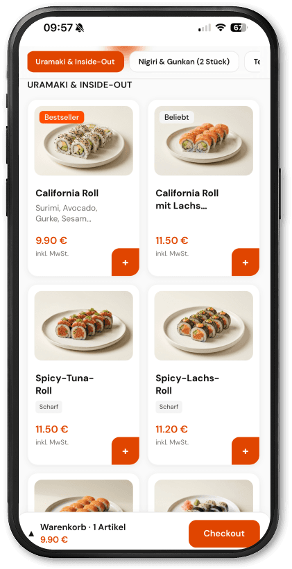 Beispiel Bestellseite – Speisekarte und Bestellflow